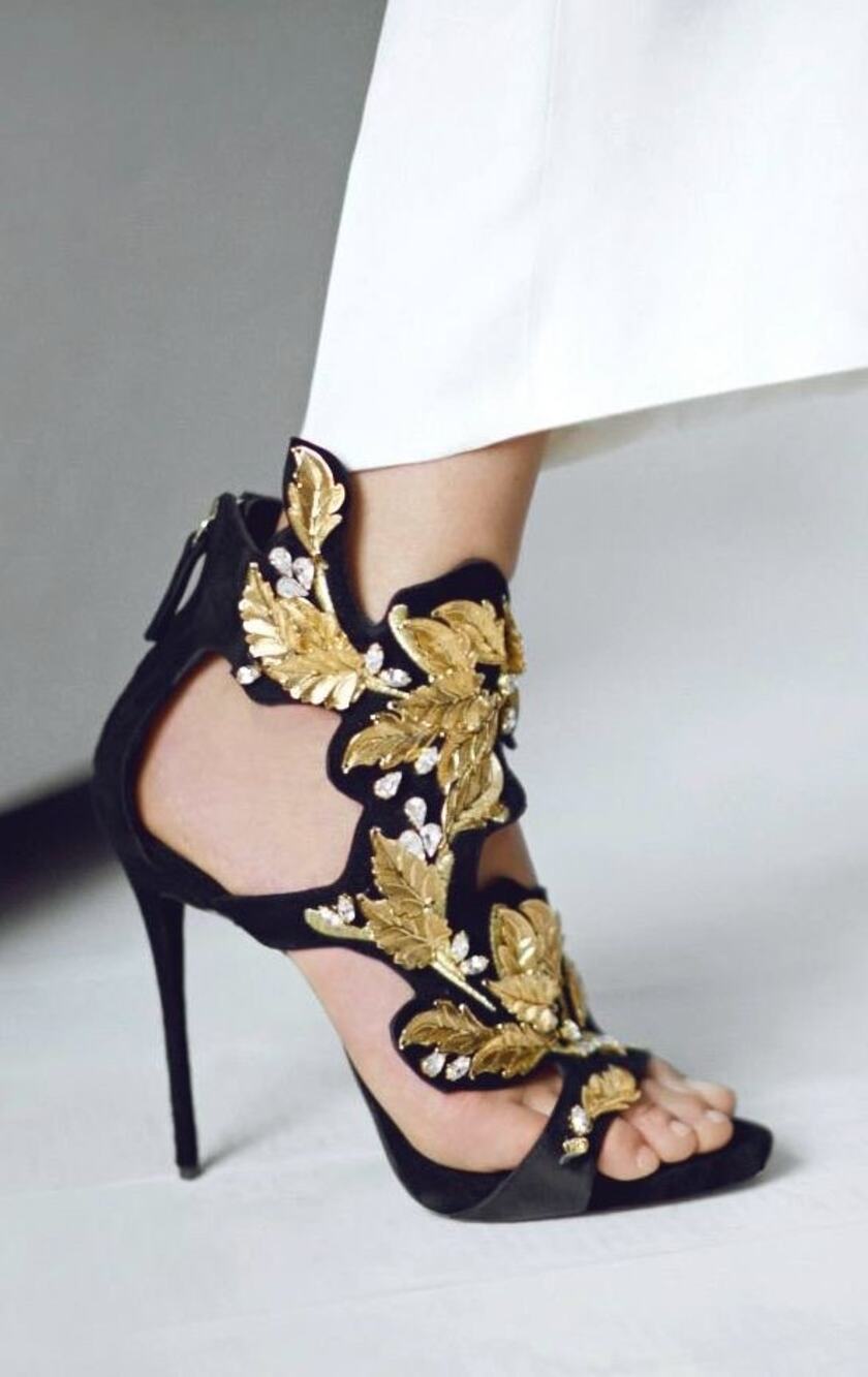 Giuseppe Zanotti Coline Black Suede Gold Leaf Crystal Heel Sandals size IT 37.5